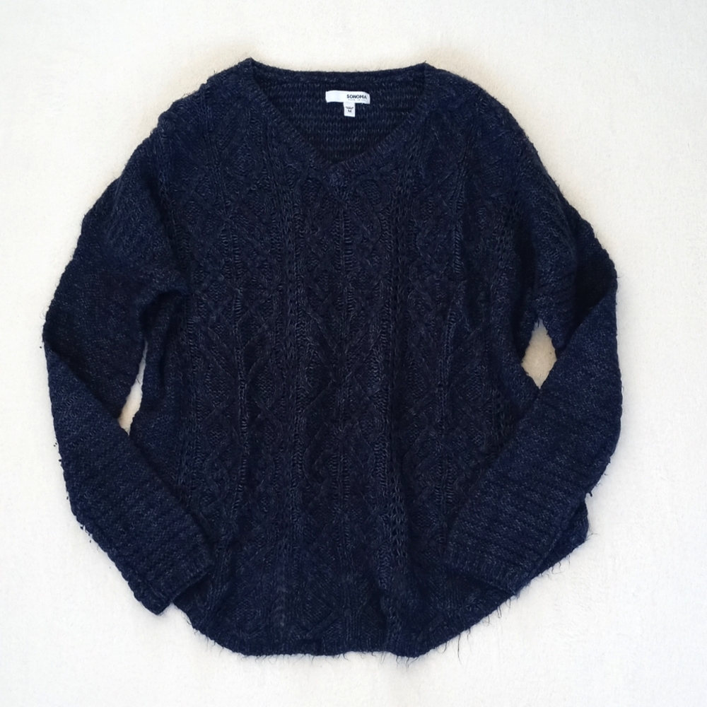 Sonoma Women's Navy Blue Large Weave Cable Knit Long Sleeve Sweater M